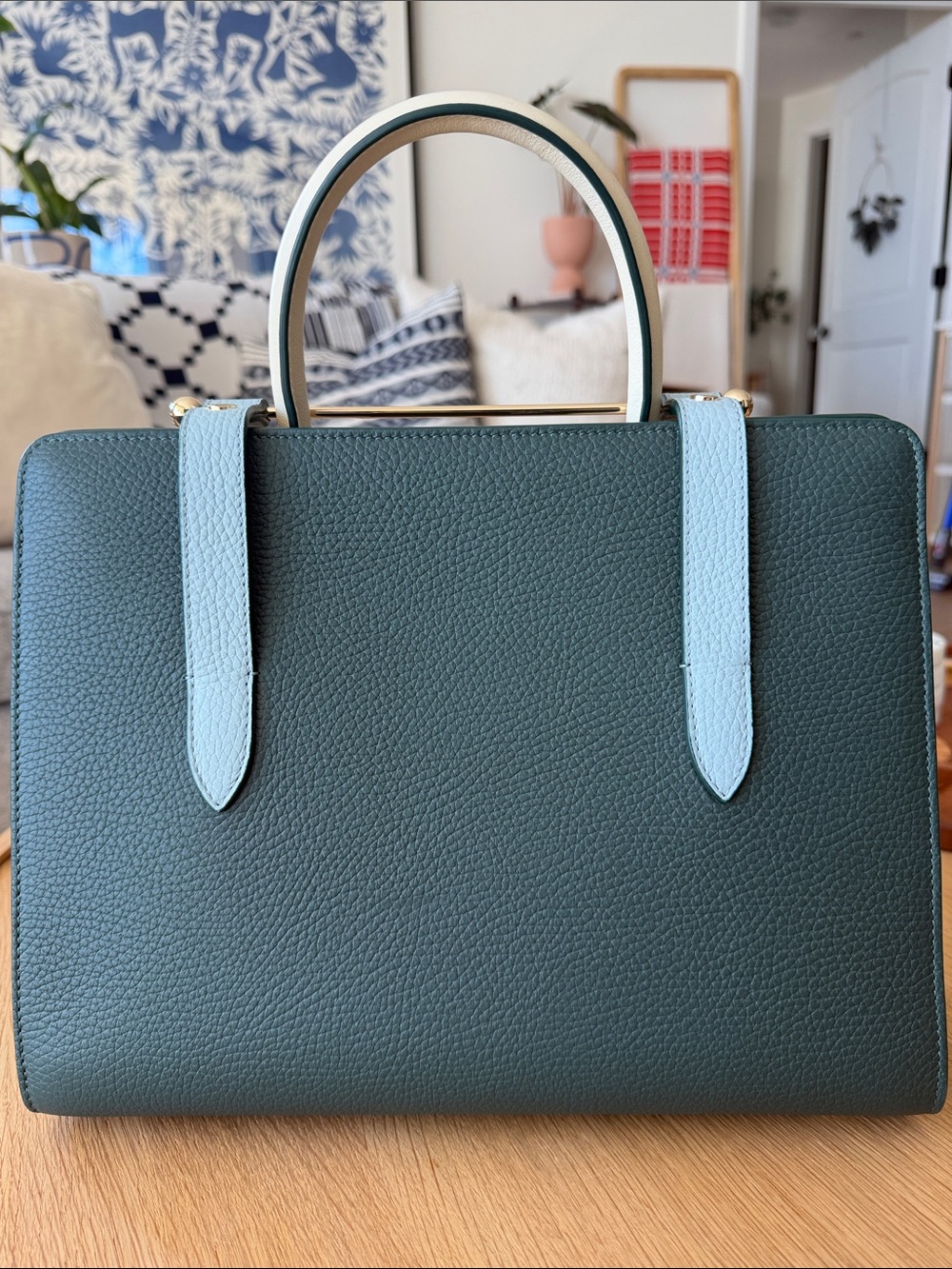 Strathberry Dark Green & Cream Midi Tote with Gold Bar - Picture 3 of 16